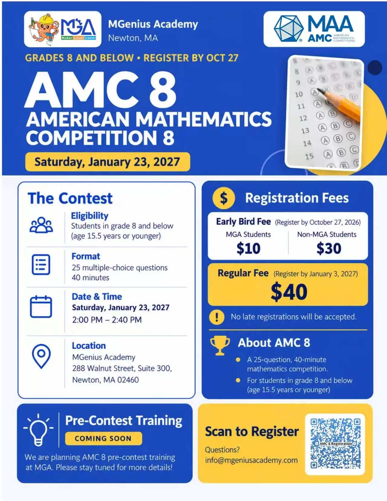 AMC 8 at MGA — Saturday, January 23, 2027, Grades 8 and below, register by Oct 27