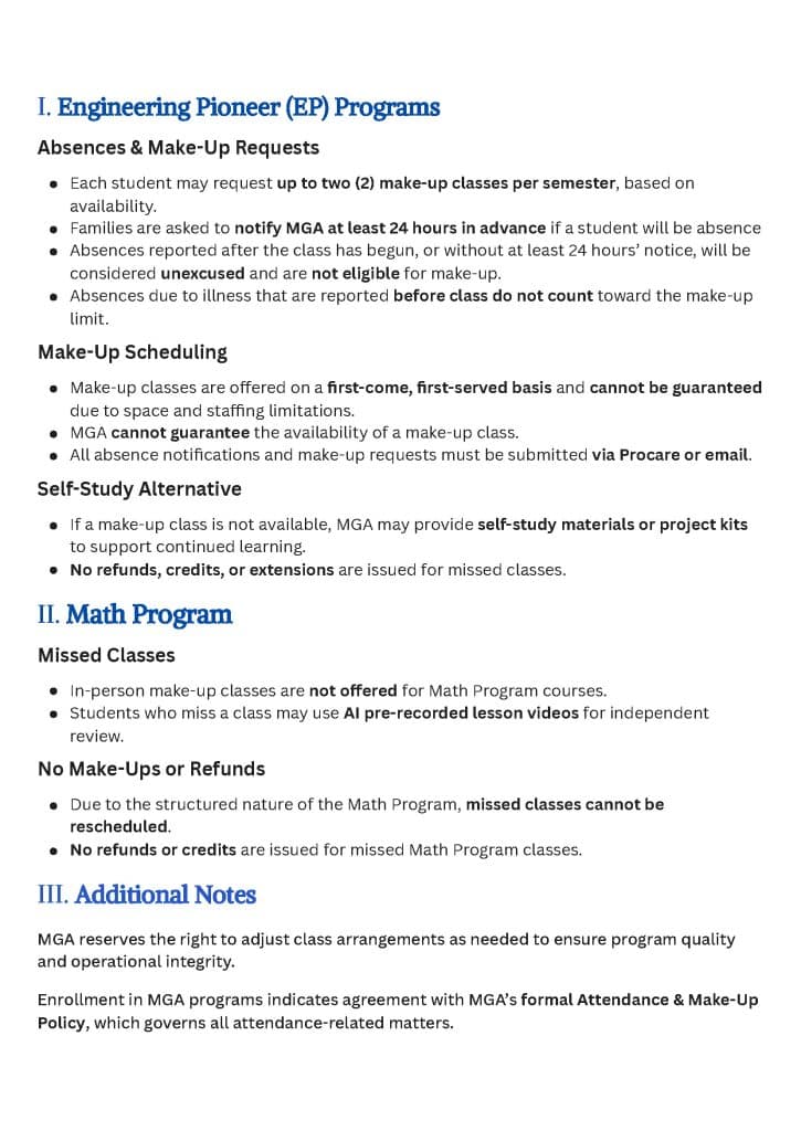 MGA attendance, make-up, and absence policy — page 2